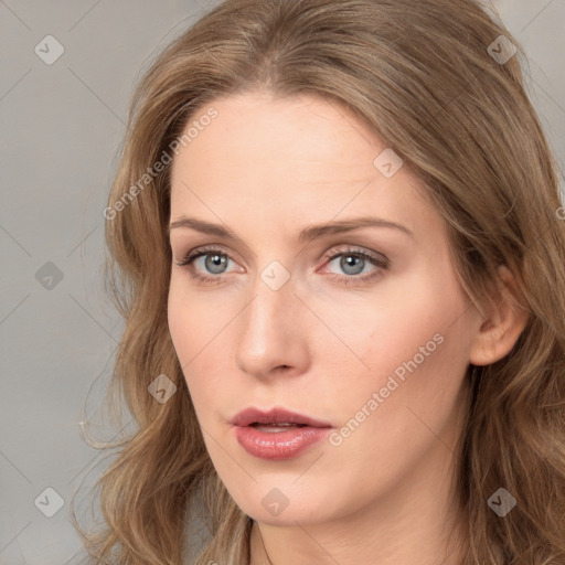 Neutral white young-adult female with long  brown hair and grey eyes