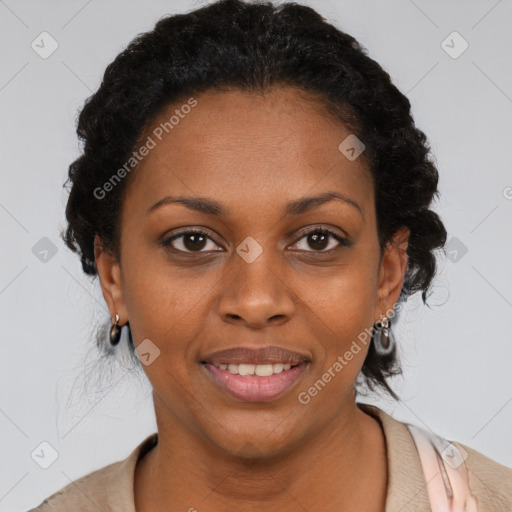 Joyful black young-adult female with medium  black hair and brown eyes