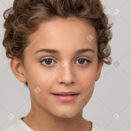 Joyful white child female with short  brown hair and brown eyes