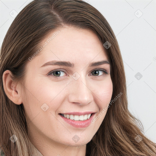 Joyful white young-adult female with long  brown hair and blue eyes