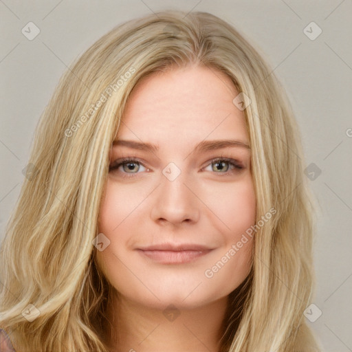 Neutral white young-adult female with long  brown hair and blue eyes