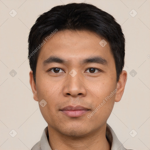 Neutral asian young-adult male with short  black hair and brown eyes