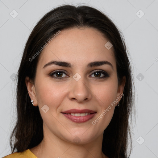 Joyful white young-adult female with long  brown hair and brown eyes