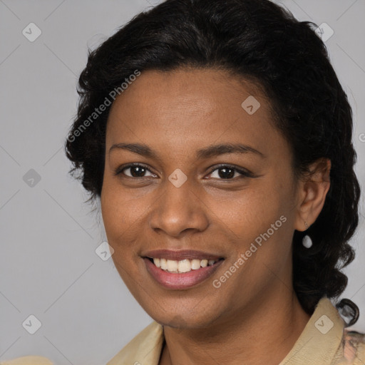 Joyful black young-adult female with medium  brown hair and brown eyes