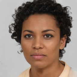 Neutral black young-adult female with short  brown hair and brown eyes