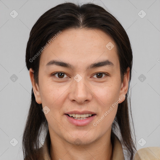 Joyful white young-adult female with medium  brown hair and brown eyes