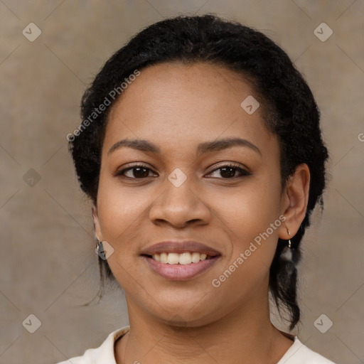 Joyful latino young-adult female with medium  black hair and brown eyes