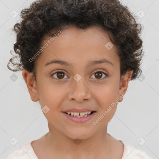 Joyful white child female with short  brown hair and brown eyes