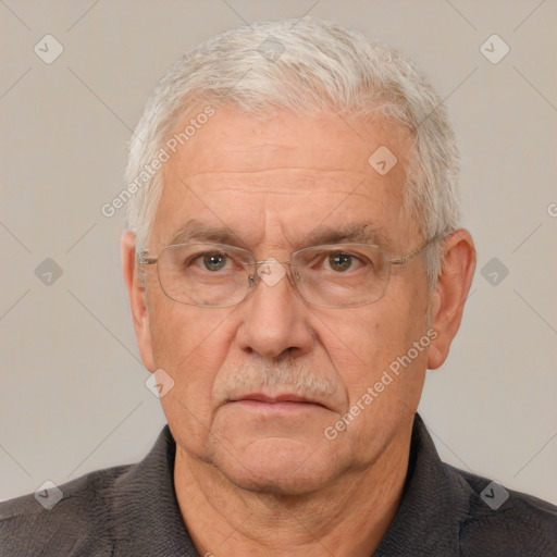 Neutral white middle-aged male with short  gray hair and brown eyes