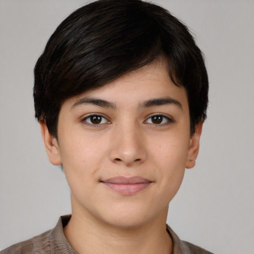 Joyful white young-adult female with short  black hair and brown eyes