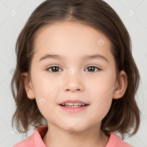 Joyful white child female with medium  brown hair and brown eyes