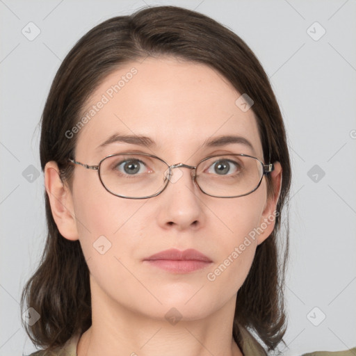 Neutral white young-adult female with medium  brown hair and grey eyes