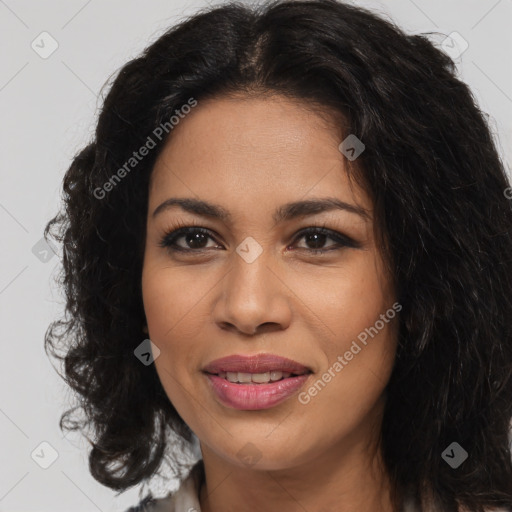 Joyful latino young-adult female with long  brown hair and brown eyes