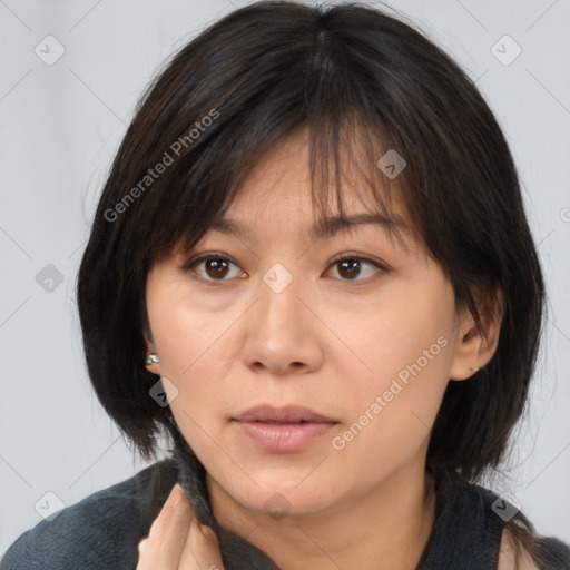 Neutral white young-adult female with medium  brown hair and brown eyes