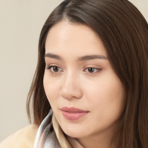 Neutral white young-adult female with long  brown hair and brown eyes