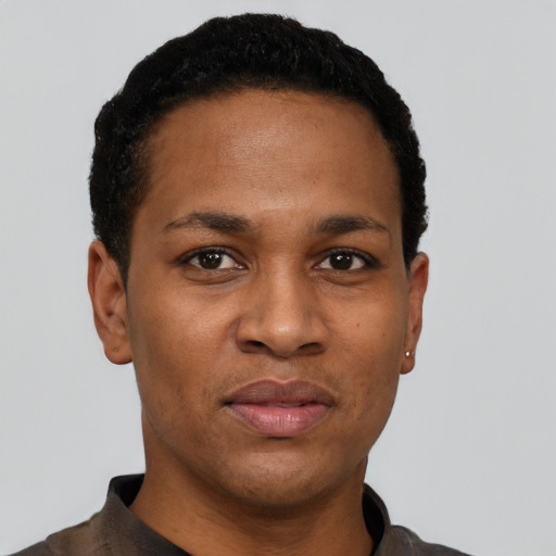 Neutral black young-adult female with short  black hair and brown eyes