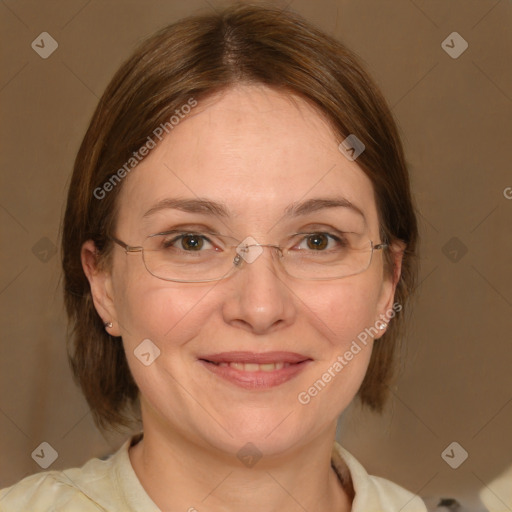 Joyful white adult female with medium  brown hair and blue eyes