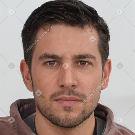 Neutral white young-adult male with short  brown hair and brown eyes