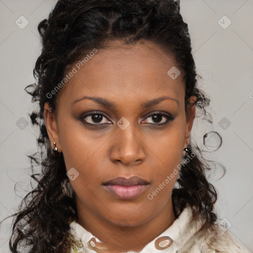 Neutral black young-adult female with medium  brown hair and brown eyes