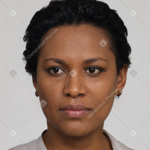 Neutral black young-adult female with short  black hair and brown eyes