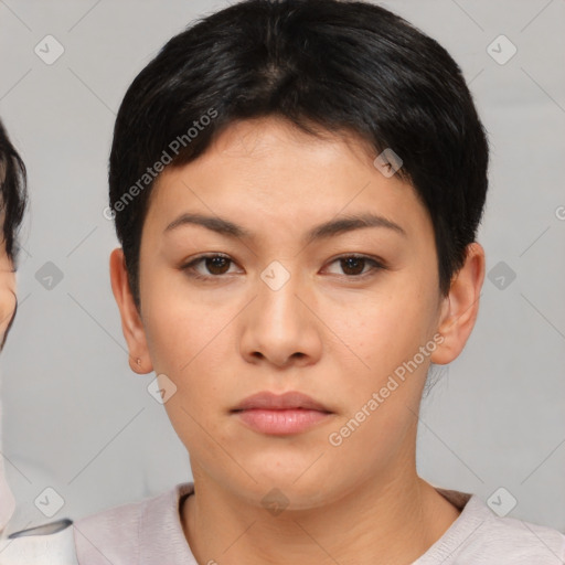 Neutral asian young-adult female with short  brown hair and brown eyes