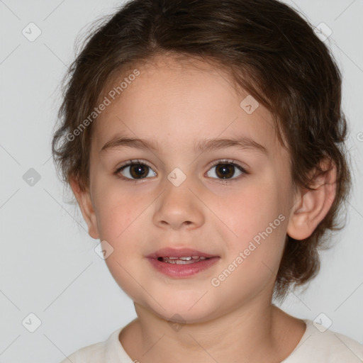 Joyful white child female with medium  brown hair and brown eyes