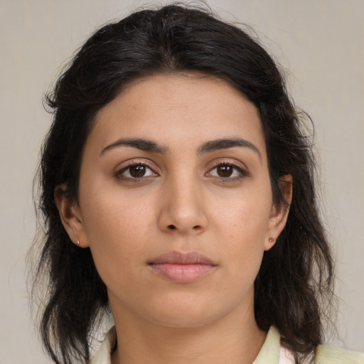 Neutral asian young-adult female with medium  brown hair and brown eyes