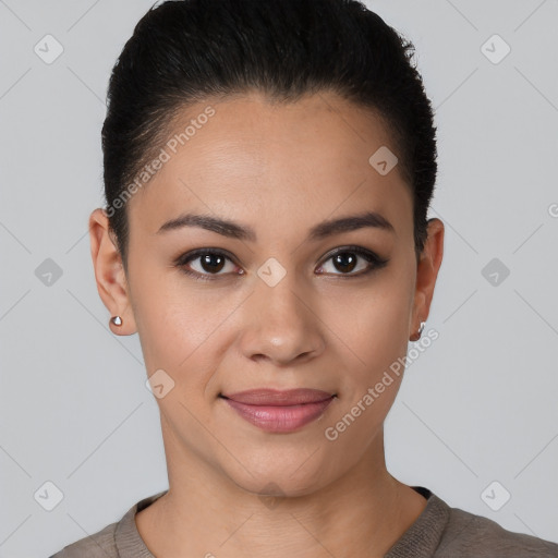 Joyful white young-adult female with short  black hair and brown eyes