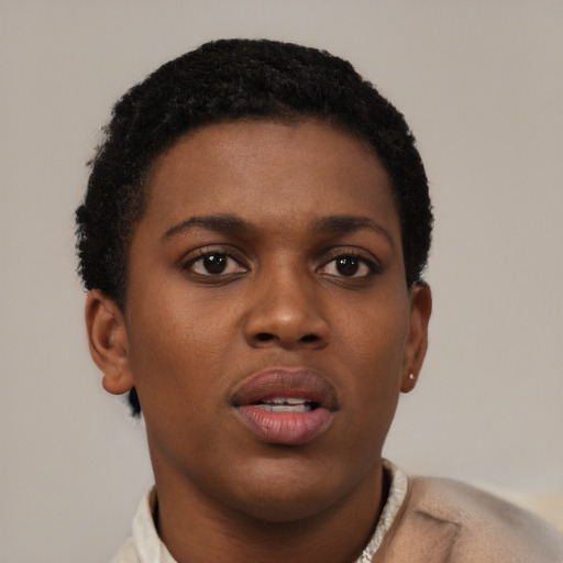 Joyful black young-adult female with short  black hair and brown eyes