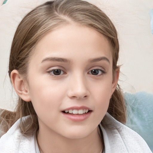 Joyful white child female with medium  brown hair and brown eyes