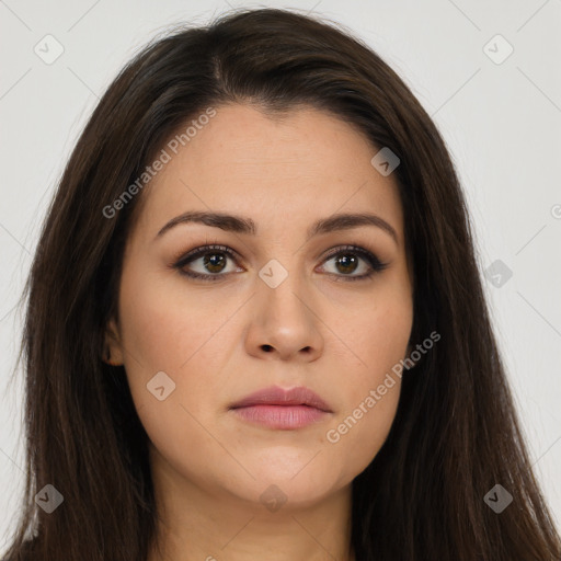 Neutral white young-adult female with long  brown hair and brown eyes