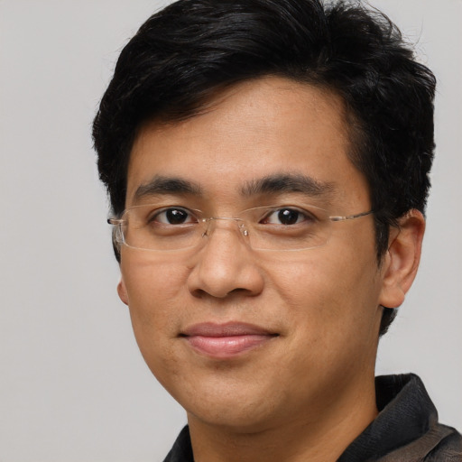 Joyful asian adult male with short  black hair and brown eyes