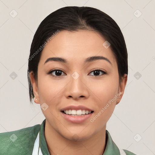 Joyful white young-adult female with short  black hair and brown eyes