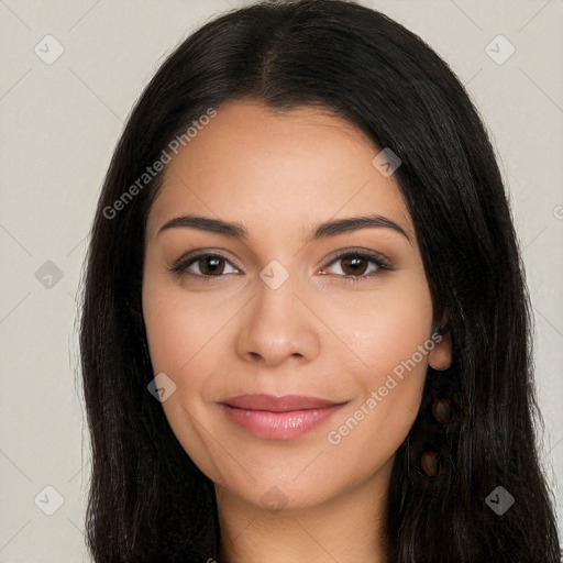 Joyful white young-adult female with long  black hair and brown eyes