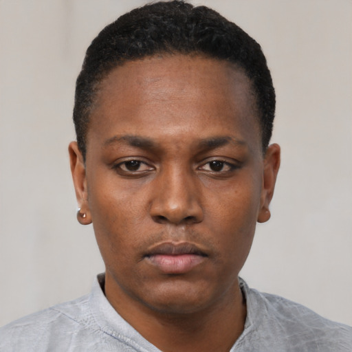 Neutral black young-adult male with short  black hair and brown eyes