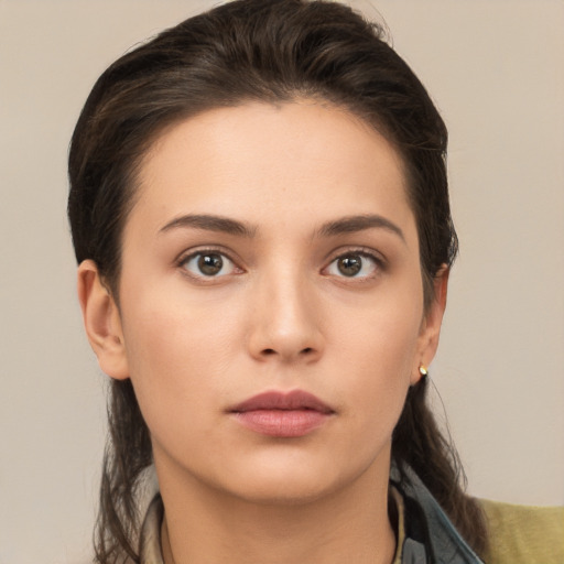 Neutral white young-adult female with short  brown hair and brown eyes