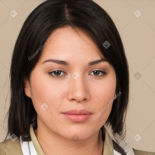 Neutral white young-adult female with medium  brown hair and brown eyes