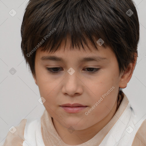 Joyful white child female with short  brown hair and brown eyes