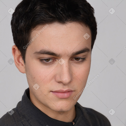 Neutral white young-adult male with short  brown hair and brown eyes