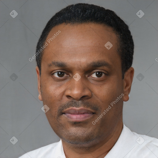 Neutral black adult male with short  black hair and brown eyes
