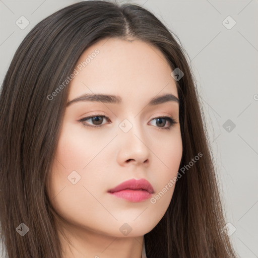 Neutral white young-adult female with long  brown hair and brown eyes