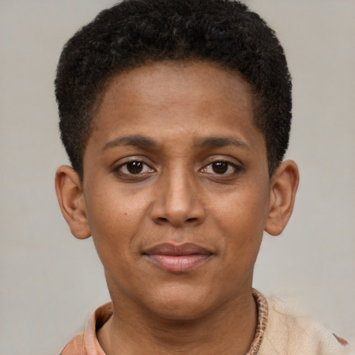 Neutral black young-adult female with short  brown hair and brown eyes