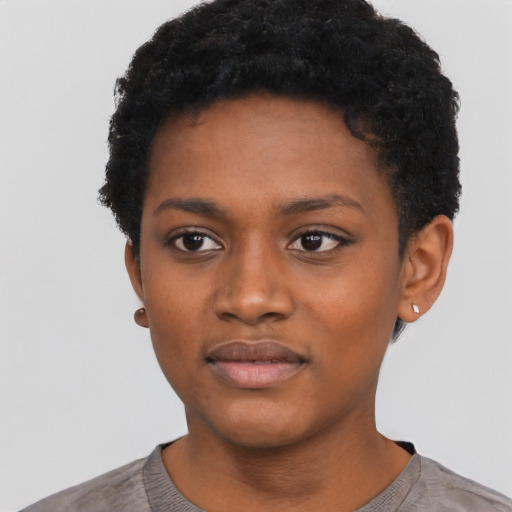 Neutral black young-adult female with short  black hair and brown eyes