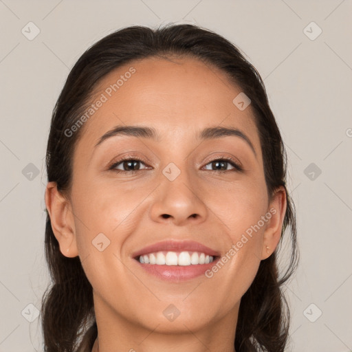 Joyful white young-adult female with medium  brown hair and brown eyes