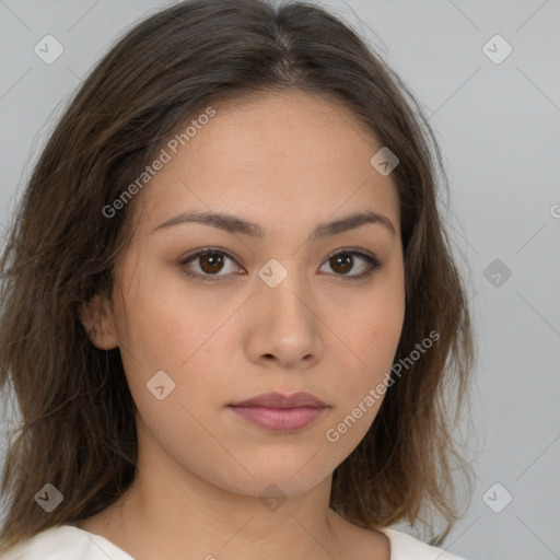 Neutral white young-adult female with medium  brown hair and brown eyes