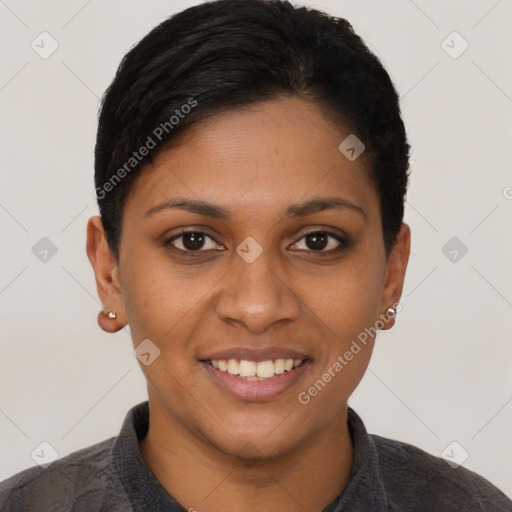 Joyful latino young-adult female with short  black hair and brown eyes