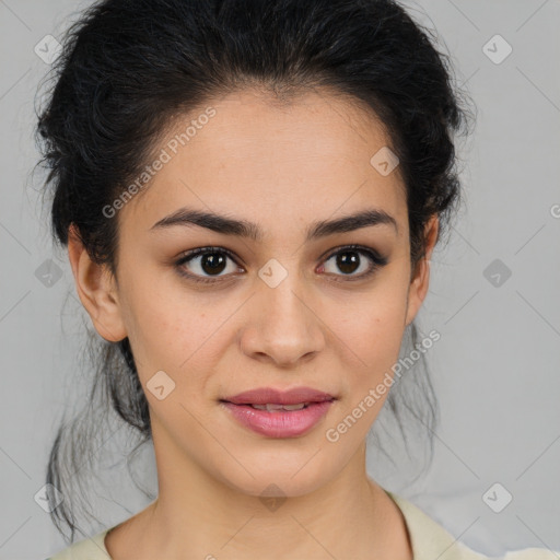 Joyful latino young-adult female with medium  brown hair and brown eyes