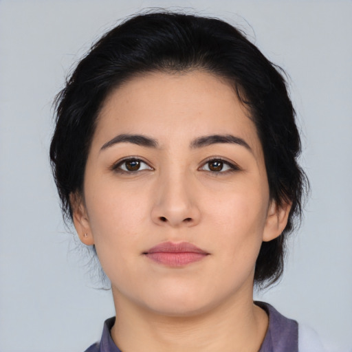 Neutral asian young-adult female with medium  black hair and brown eyes