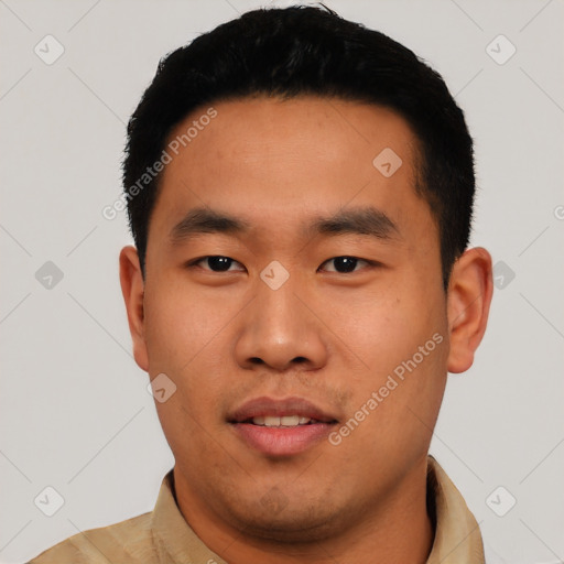 Neutral asian young-adult male with short  black hair and brown eyes