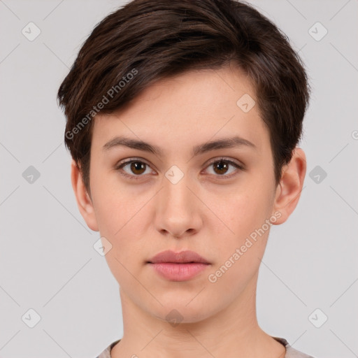 Neutral white young-adult female with short  brown hair and brown eyes